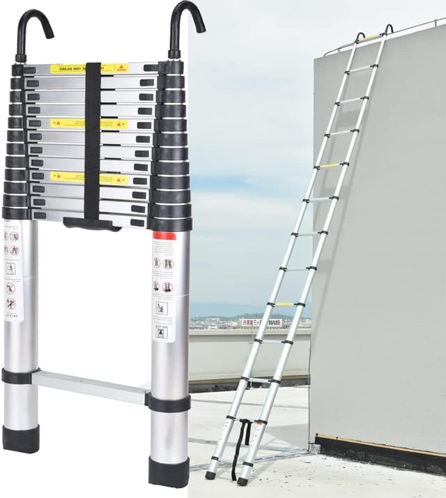 Teleskopleiter Klappleiter Alu, 6,2m Dachbodenleiter Mit 2 Haken, Aus Hochwertigem Aluminium, Rutschfest Mehrzweck Leiter Für Outdoor & Indoor, En131, 150kg Tragkraft -silber