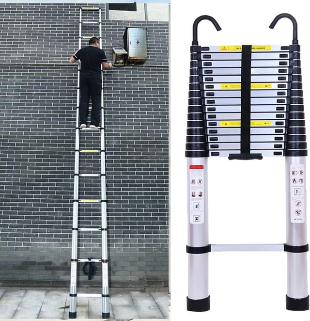 6.2m Teleskopleiter aus Aluminium mit 2 Abnehmbaren Haken, Verstellbare Dachbodenleiter Leiter Telescoping Ladder Max. Belastung 150kg/330lbs