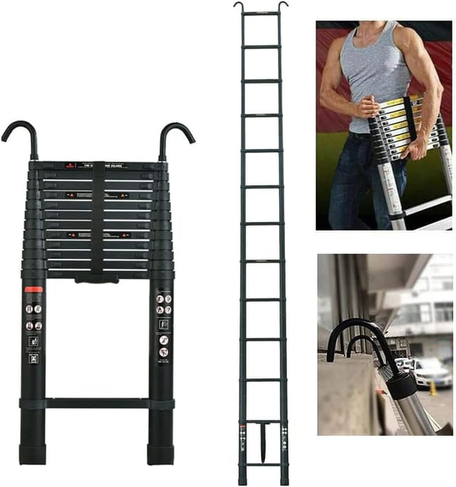 6.2M/20.3FT Teleskopleiter mit abnehmbarem Haken Aluminium Heavy Duty ausziehbare Faltbare Mehrzweckleiter EN131 sicherheitsgeprüft schwarz
