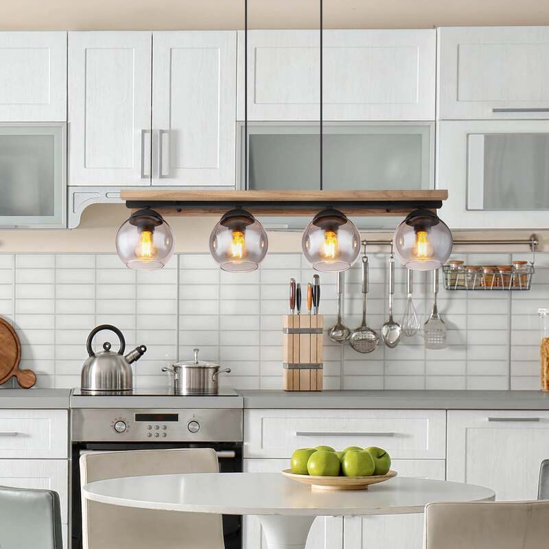 [neuwertig] B-ware Hängelampe Conni 85 Cm Rauchgrau Holz/glas 4-flg Dimmbar Globo
