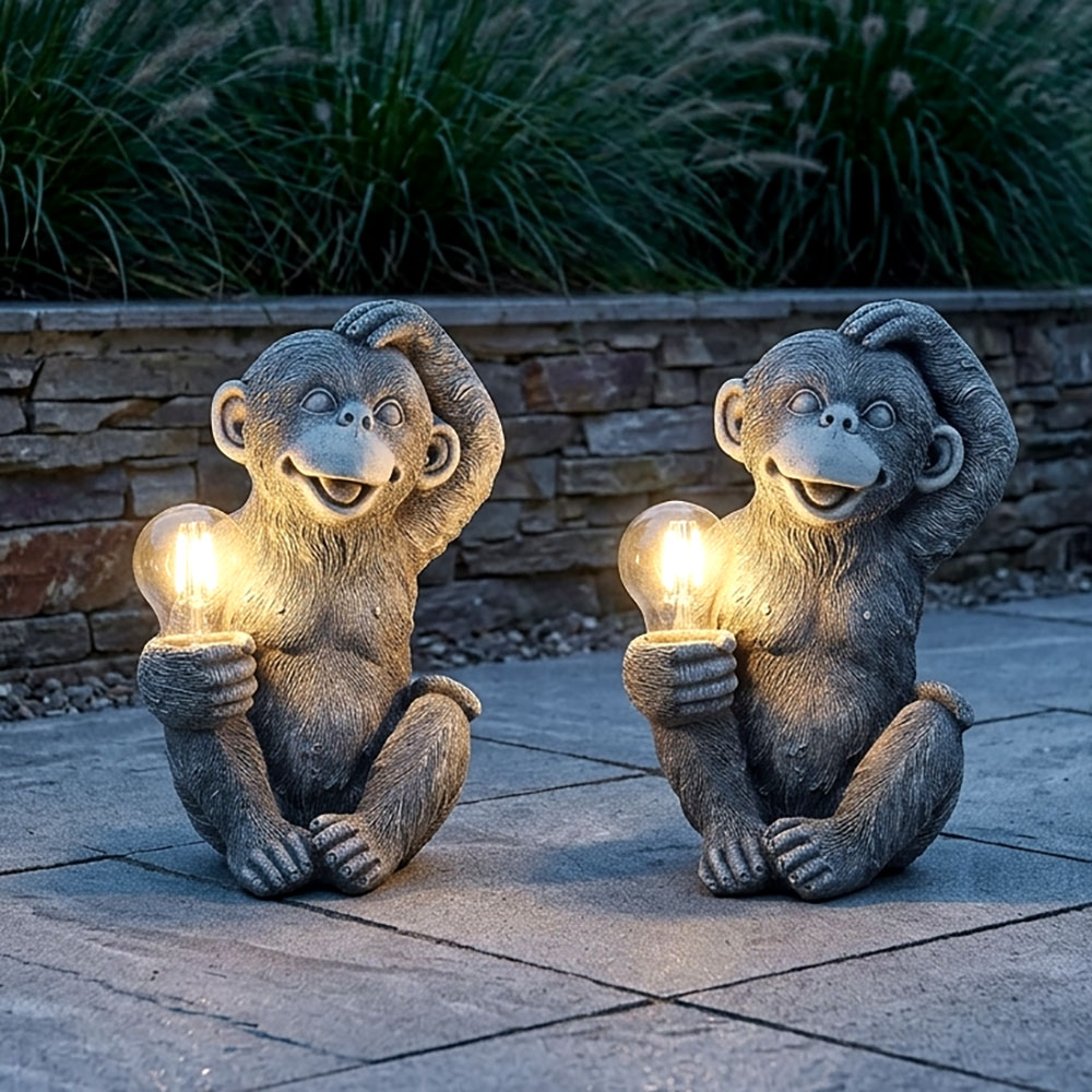 2x Led Außen Solar Dekoleuchte Affe Gartenleuchte Dämmerungsschalter Grau H 27,5 Cm