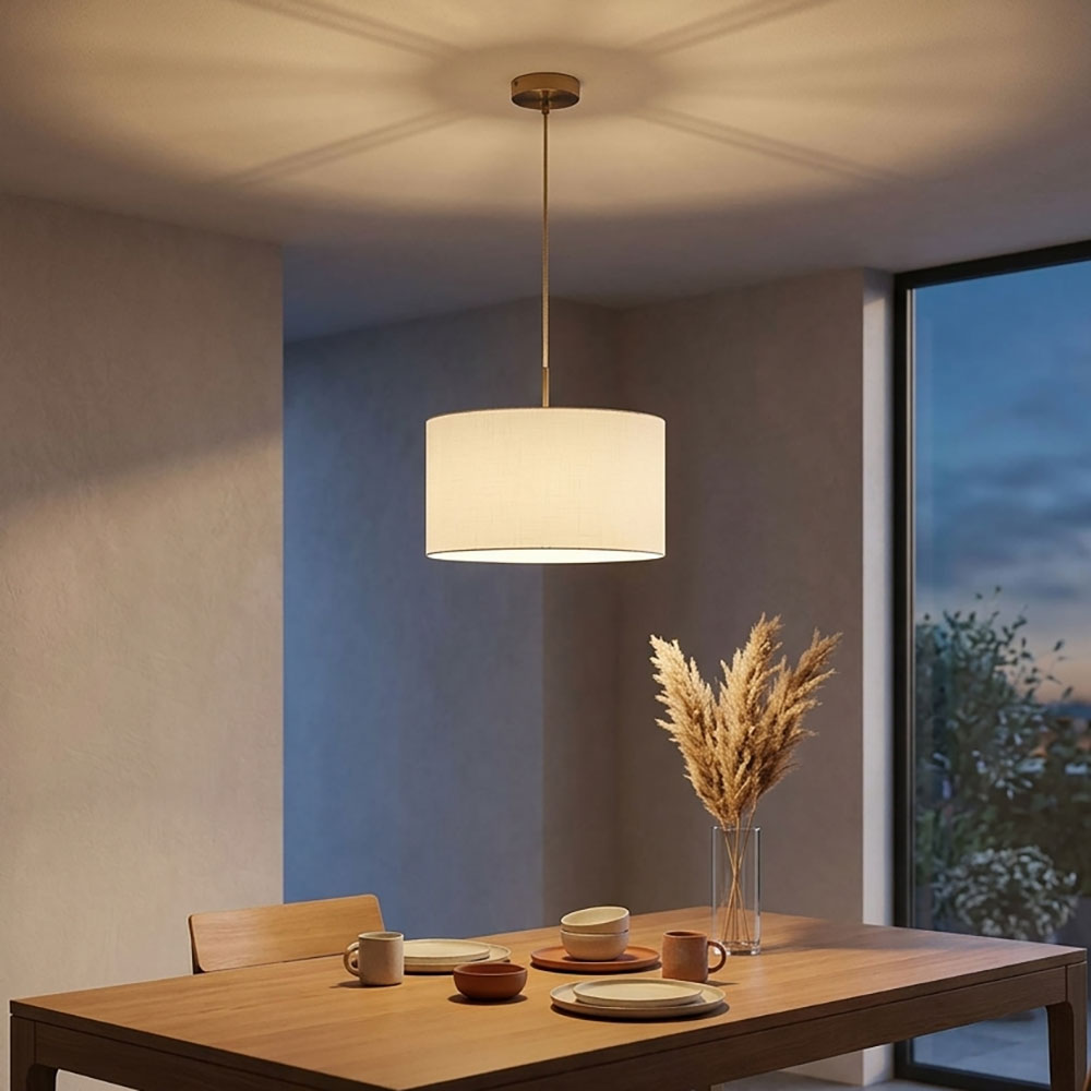Led Pendelleuchte Wohnzimmerlampe Messingfarben Leinen Weiß Hängelampe H 120 Cm