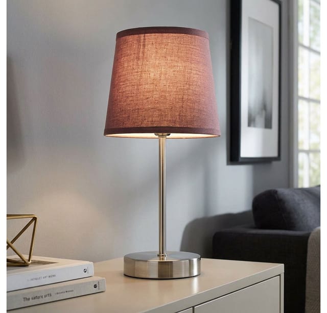 Tischleuchte Nachttischlampe Beistellleuchte Wohnzimmerlampe Schlafzimmerleuchte, Textil braun Metall nickel matt, 1x E14 Fassung, DxH 14x32 cm,
