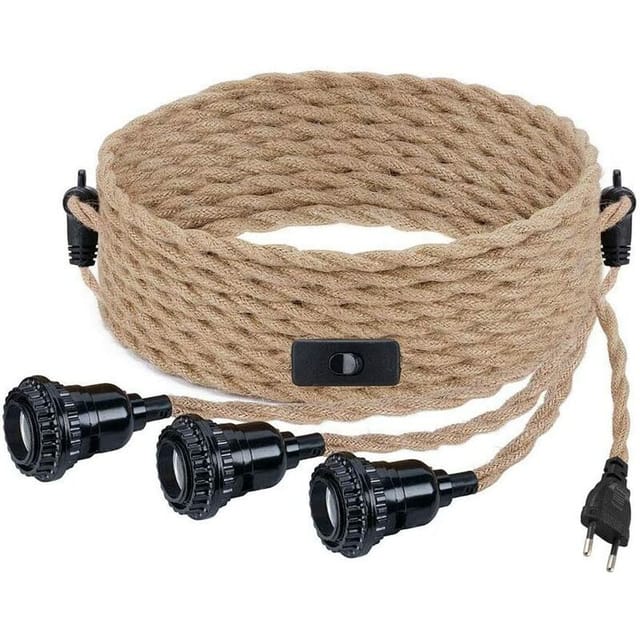 Diy-kronleuchter Aus Hanfseil Und Textilgarn, 3 X E27-fassungen Mit Stecker Und Schalter, 9 Meter Kabel, Für Esstisch, Café, Wohnzimmer