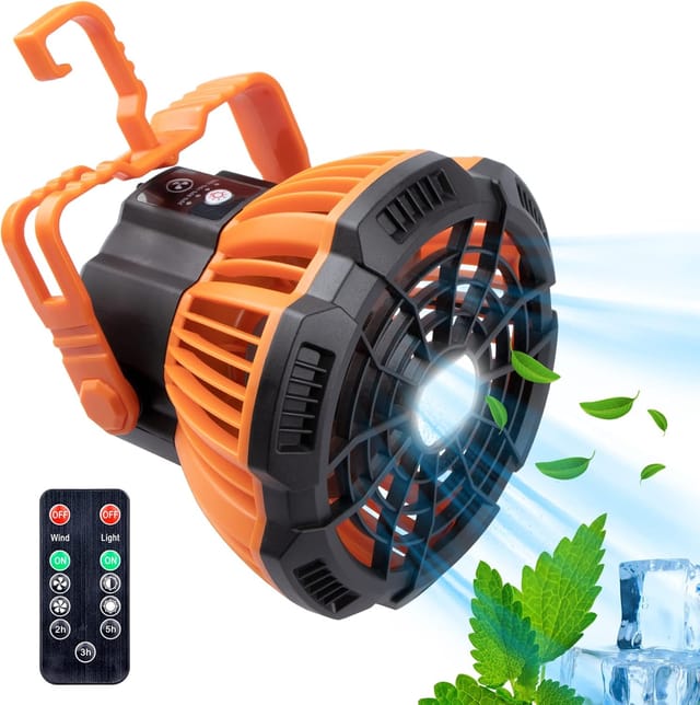Aougo - Campingventilator mit LED-Laterne, wiederaufladbarer Campingventilator für Zelt, tragbarer Deckenventilator mit Haken zum Aufhängen,