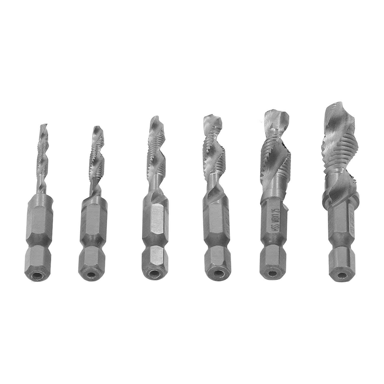 6-teiliges Kombinationsset Mit Sechskant-spiralbohrer, Hss-gewindebohrern, Silbernem Gewindeschneidwerkzeug Und 1/4"-bohrfutter