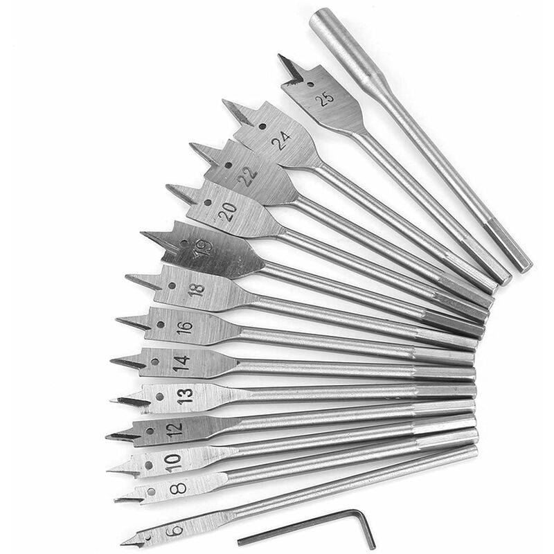 Set Mit 15 Flachen Sechskantschaft-bohrern Aus Kohlenstoffstahl, Holzbohrer Von 6 Bis 25 Mm, Bohrer Für Elektrowerkzeuge, Wiederverwendbar, 15er-packung.