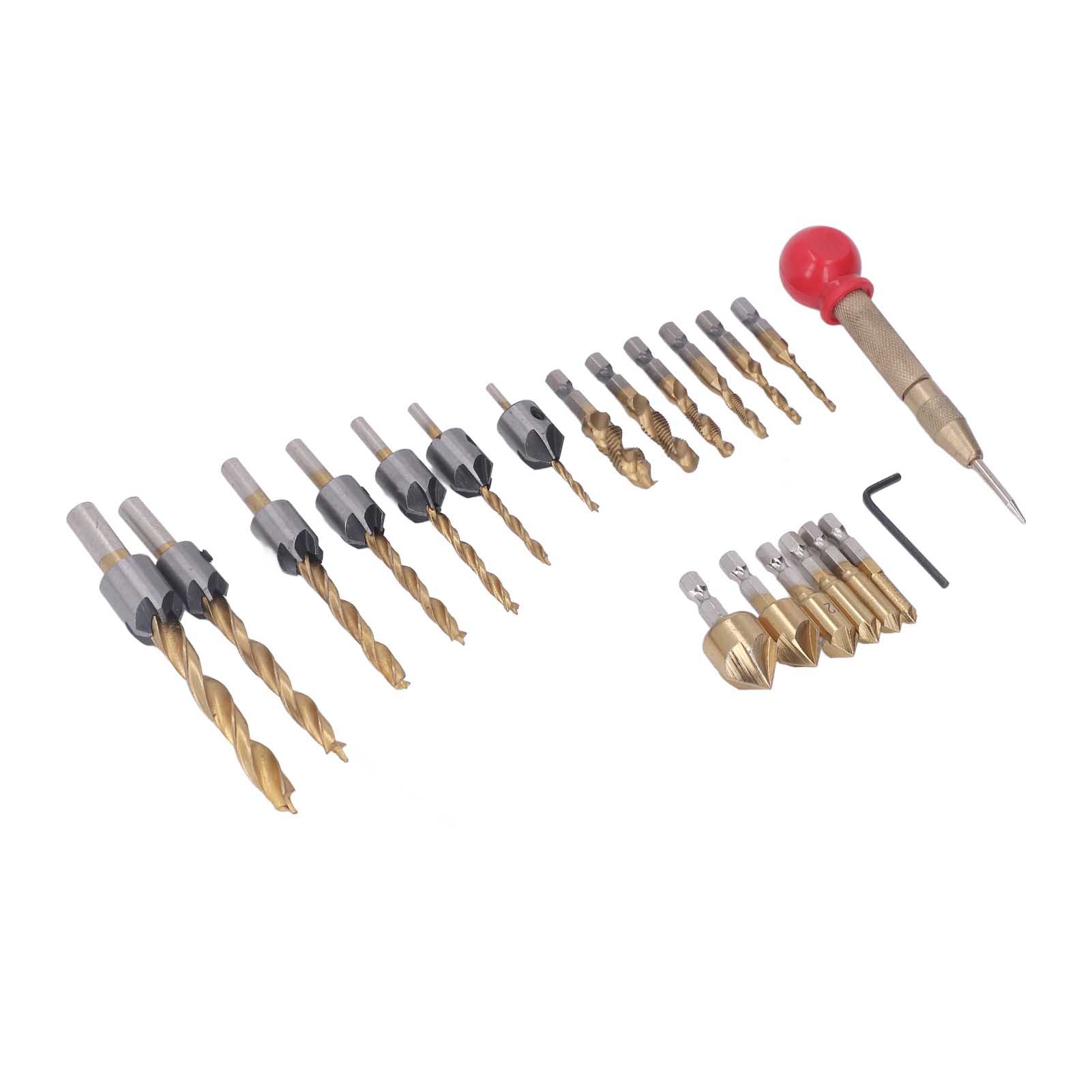 Set Mit 20 Vergoldeten Titan-senkbohrern, Anfasbohrern Mit Gewindebohrer, Innensechskantschlüssel Und Körner Für Präzises Bohren