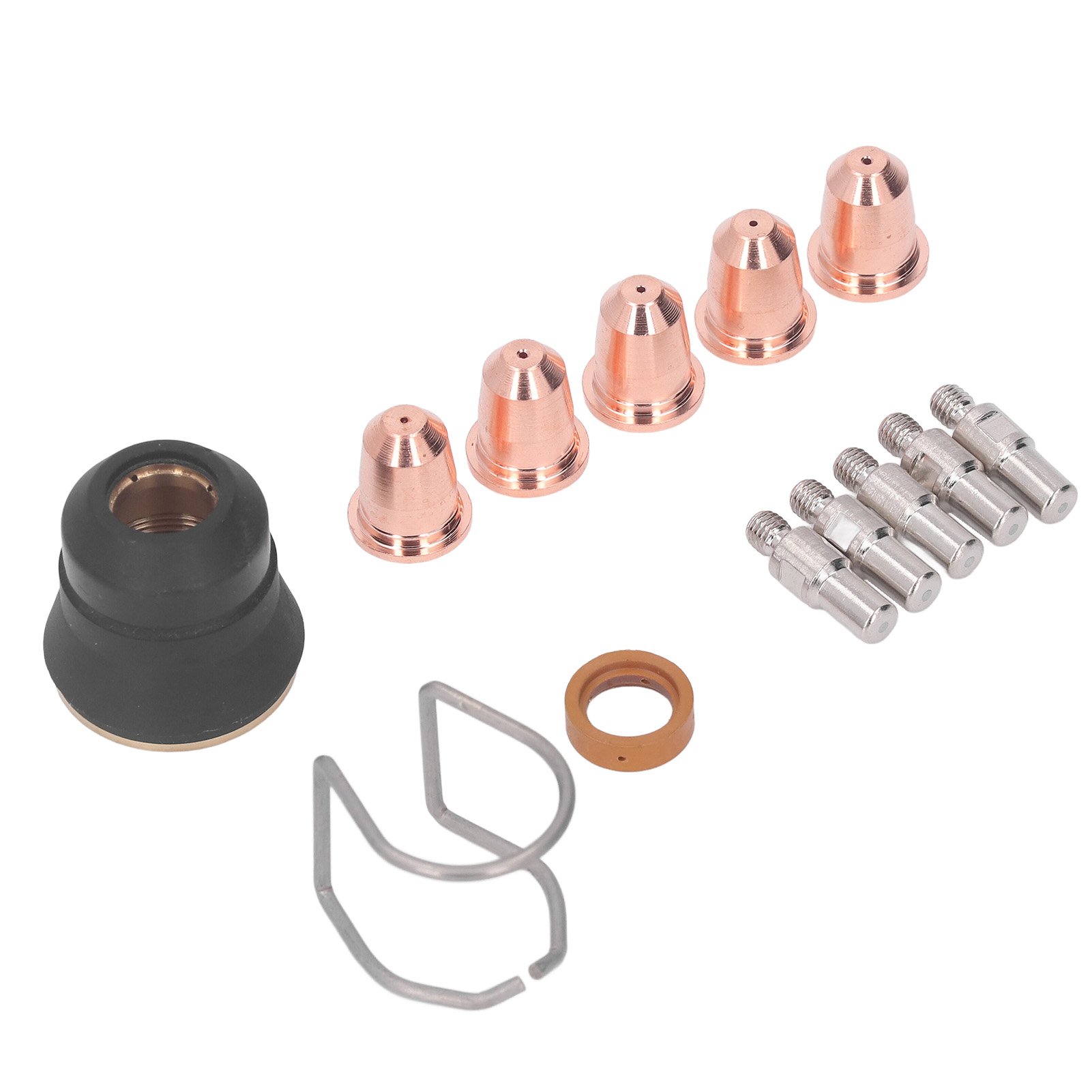 Set Aus 13 Verbrauchsmaterialien Für Plasmaschneidbrenner, Elektroden, Düsen, Abstandshalter, Gasverteiler, Führung Und Zubehör.