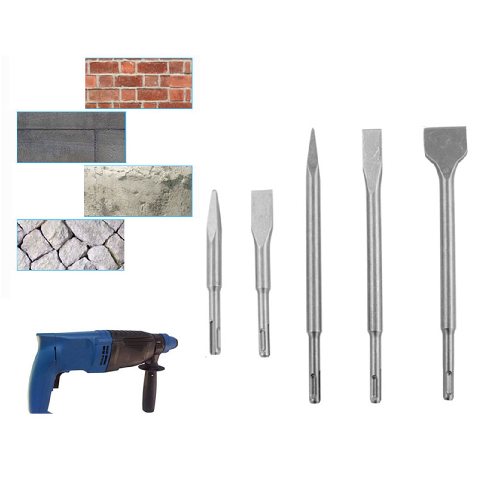 Set Mit 5 Meißeln Für Schlagbohrmaschinen, Spitz Und Flach, Rundschaft, Robust Und Praktisch, Bohrer, Komplettes Set.