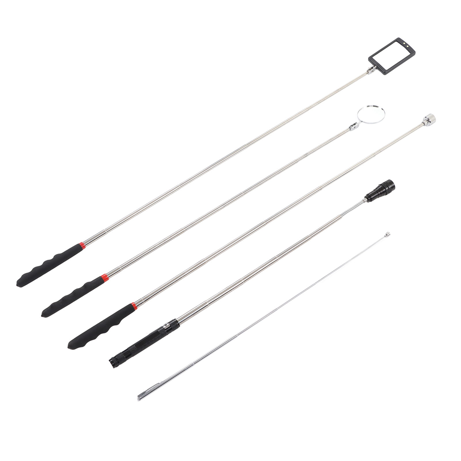 Set Aus 5 Teleskopierbaren Magnetstangen Mit Spiegel Und Led-licht Zum Auffangen Von Schrauben Und Muttern