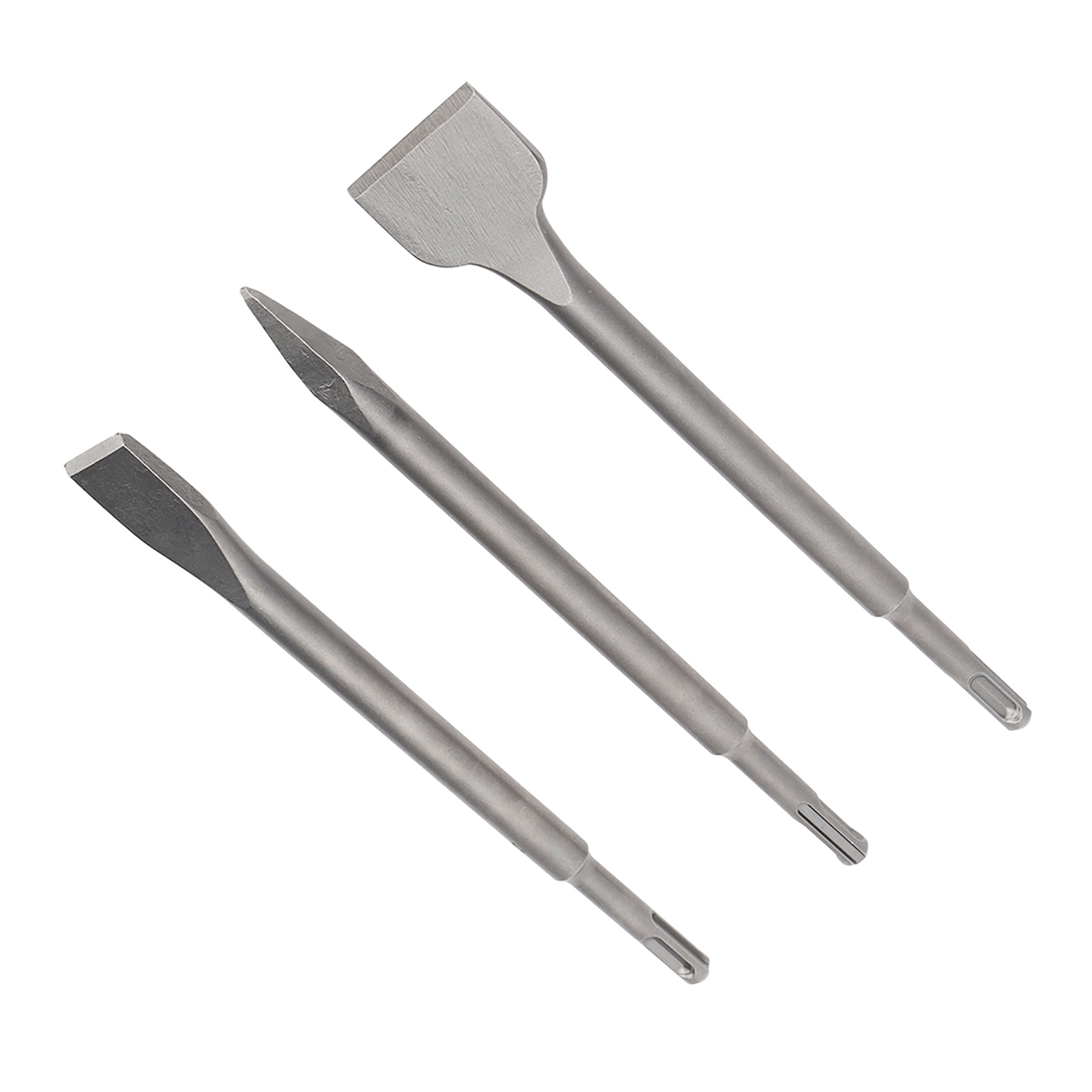 Set Aus 3 Rundschaftmeißeln Mit Verbreiterter Flacher Spitze, Legierter Stahl, Für Beton, Stein, Ziegel Und Fliesen.