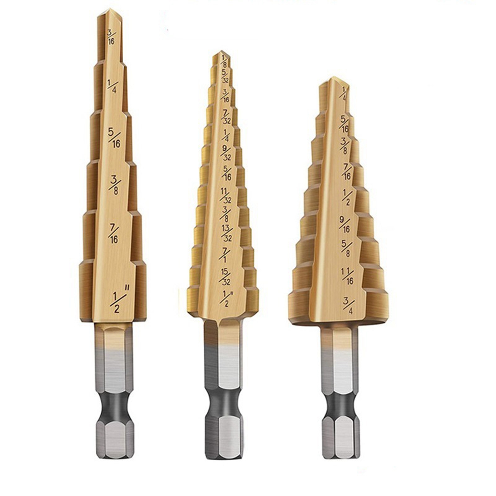 Set Mit 3 Hss-titan-stufenbohrern, Sechskantschaft, Britisches Zollsystem, Mit Stoffbeutel