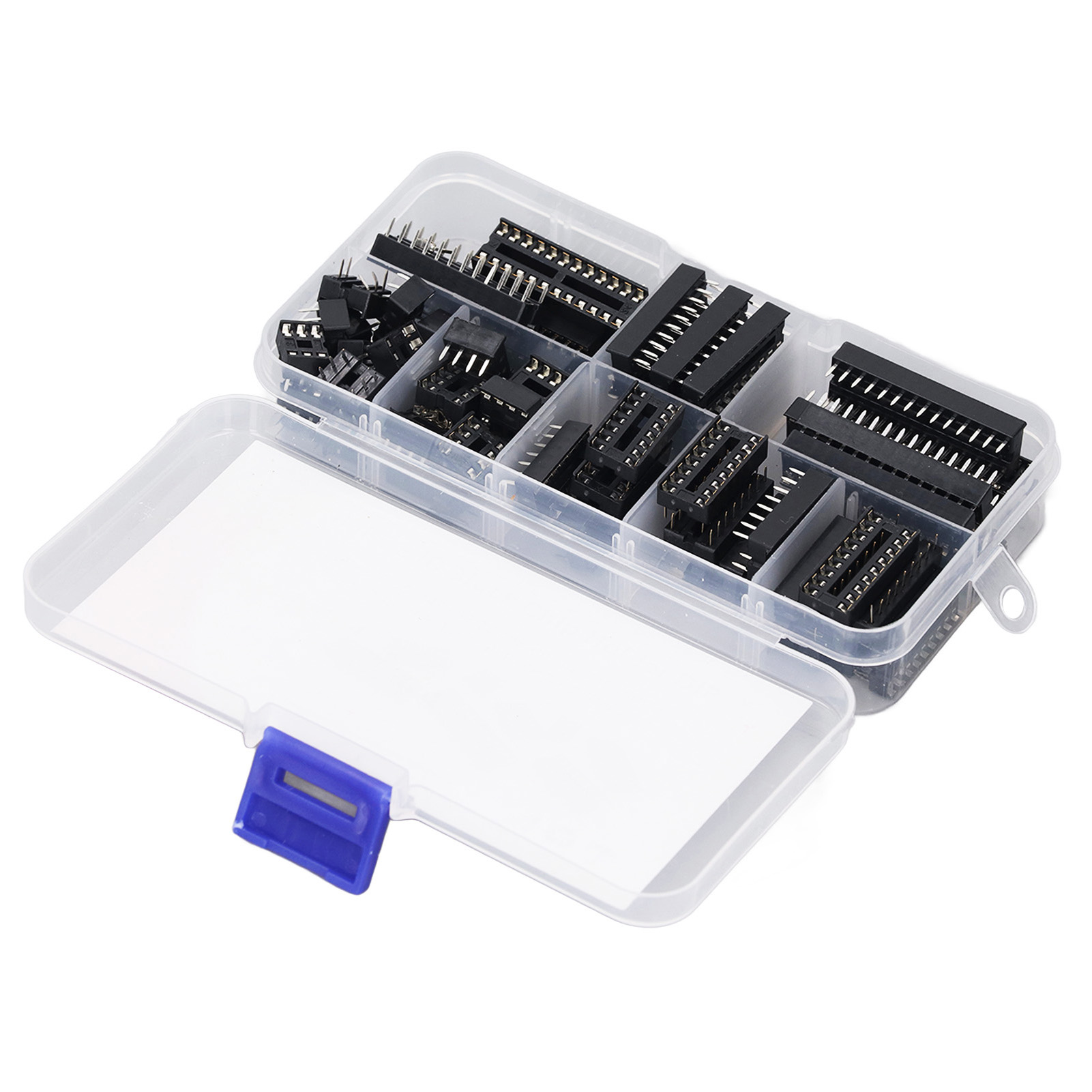 Konvolut Von 66 Isolierten Ic-sockeln Aus Kunststoff, Flachstifte, Sortimentssatz Elektronischer Bauteile, Größen 6p Bis 28p Für Leiterplatten.