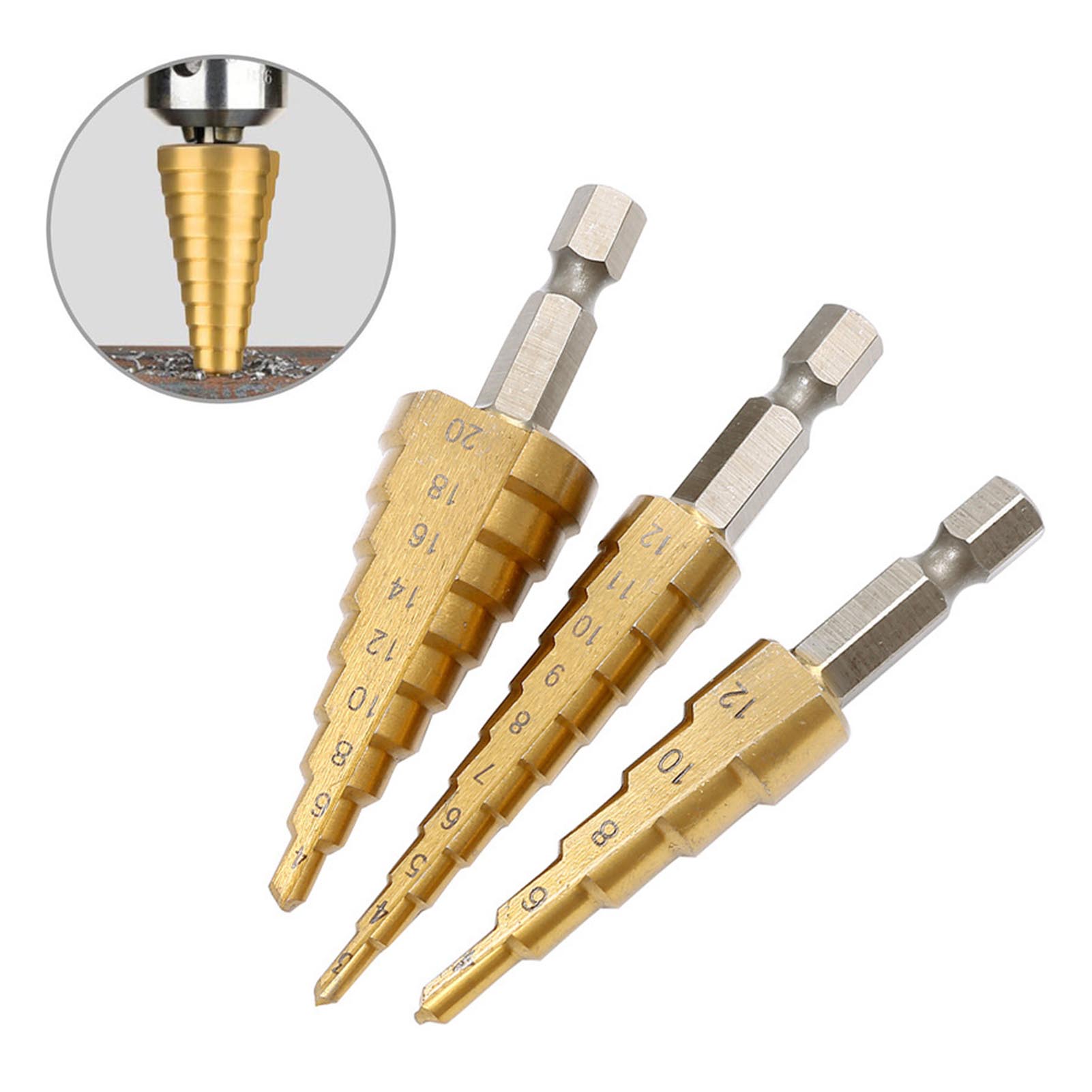 Set Mit 3 Gestuften Stahlbohrern Mit Kugellagern, Titanbeschichtung, Pagodenform, Für Holz Und Kunststoff, Professionelles Bohrset