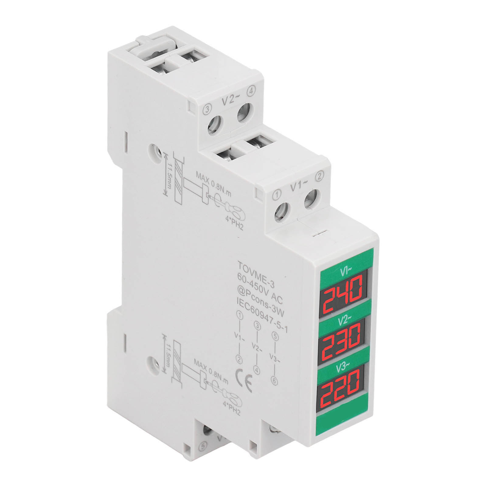 Dreiphasen-wechselstromvoltmeter 60–450 V, Din-schienenmontage, Digitales Lcd-display, Elektrische Spannungsmessung, Leistungsmesser, Din-schienenmontage