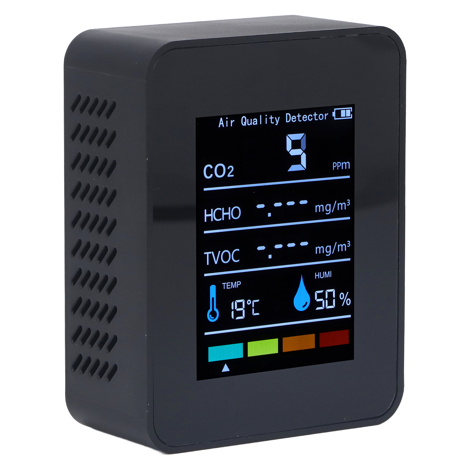 Schwarzer Co2-detektor Mit Lcd-bildschirm, Misst Tvoc, Hcho, Temperatur Und Luftfeuchtigkeit, Überwacht Die Raumluftqualität