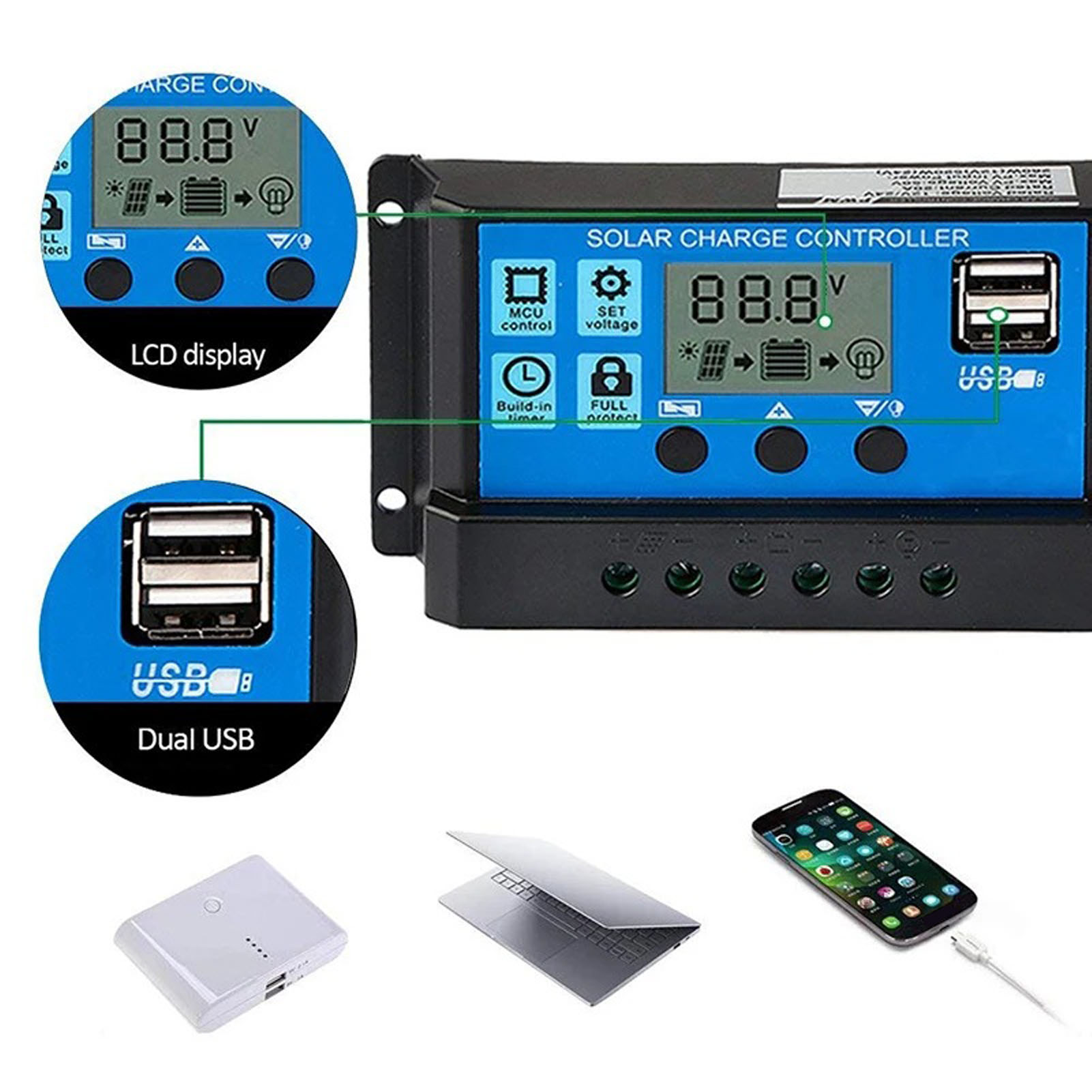 12v/24v Pwm-solarladeregler, Stabiles Lcd-display, Einstellbare Parameter, Lichtempfindlicher Regler Mit Digitalanzeige
