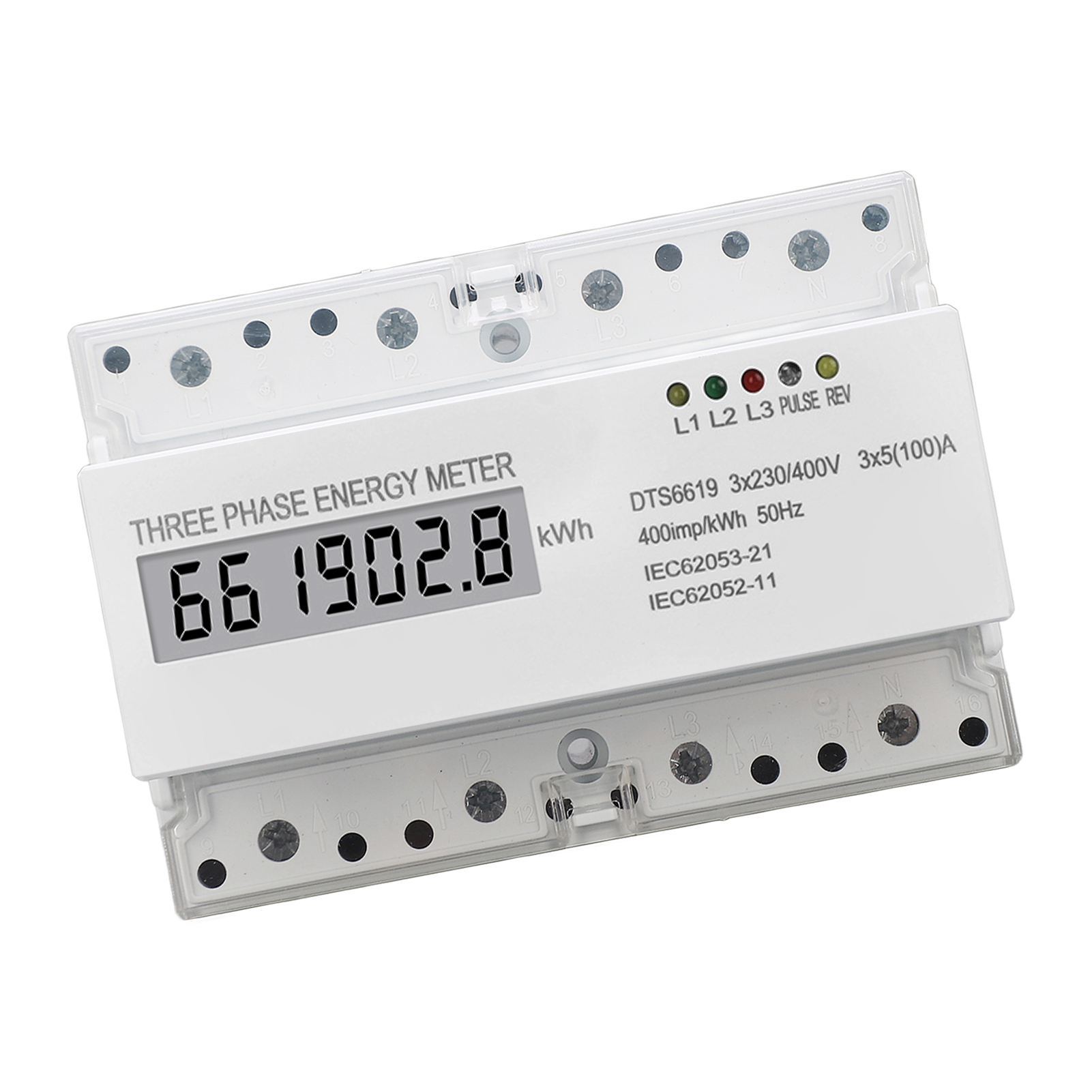 Dreiphasen-stromzähler Für Din-schienenmontage Mit Lcd-verbrauchsanzeige, 230 V/400 V, 5–100 A, Kwh-energiemessung