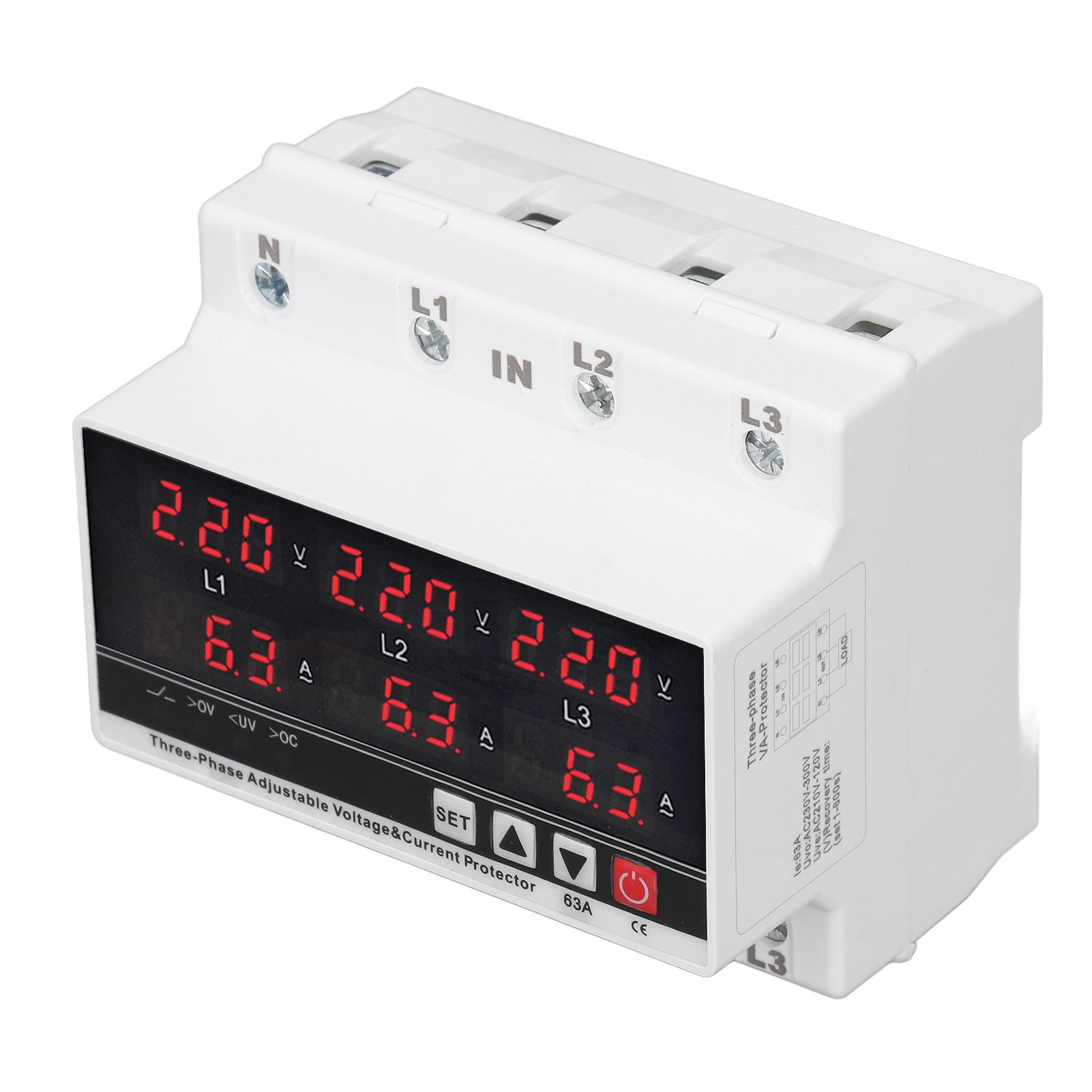 Einstellbarer Din-schienen-unterspannungsschutz, Überstromschutz, Ac 120 V–300 V, 63 A, Drehstrom, 3-adrig/4-adrig