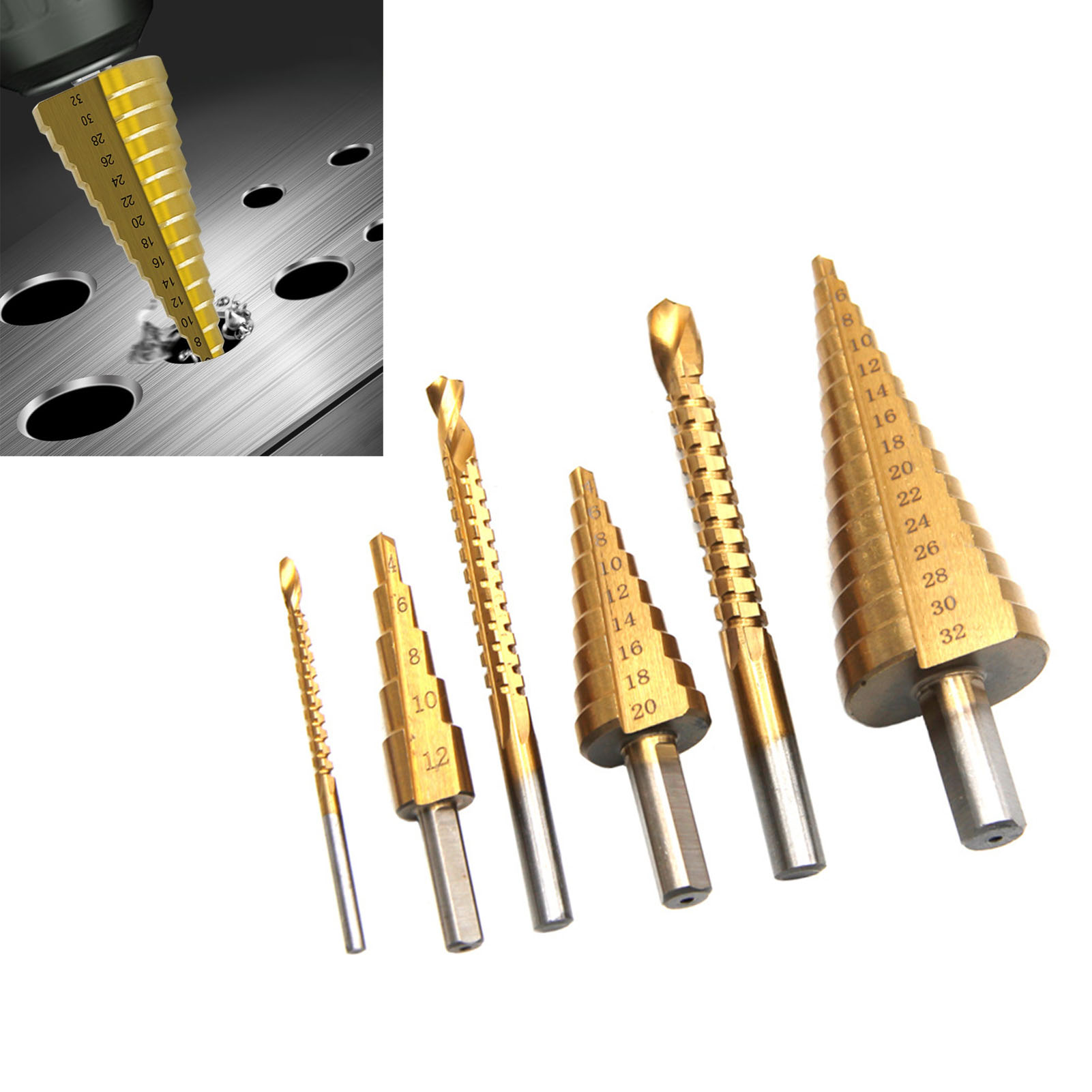 Stufenbohrer-set Aus Titanbeschichtetem Stahl, Gerader Schnitt Für Metall, Zentrierte Spitze, Dreieckiger Schaft, Bohrwerkzeug Für Verschiedene Durchmesser