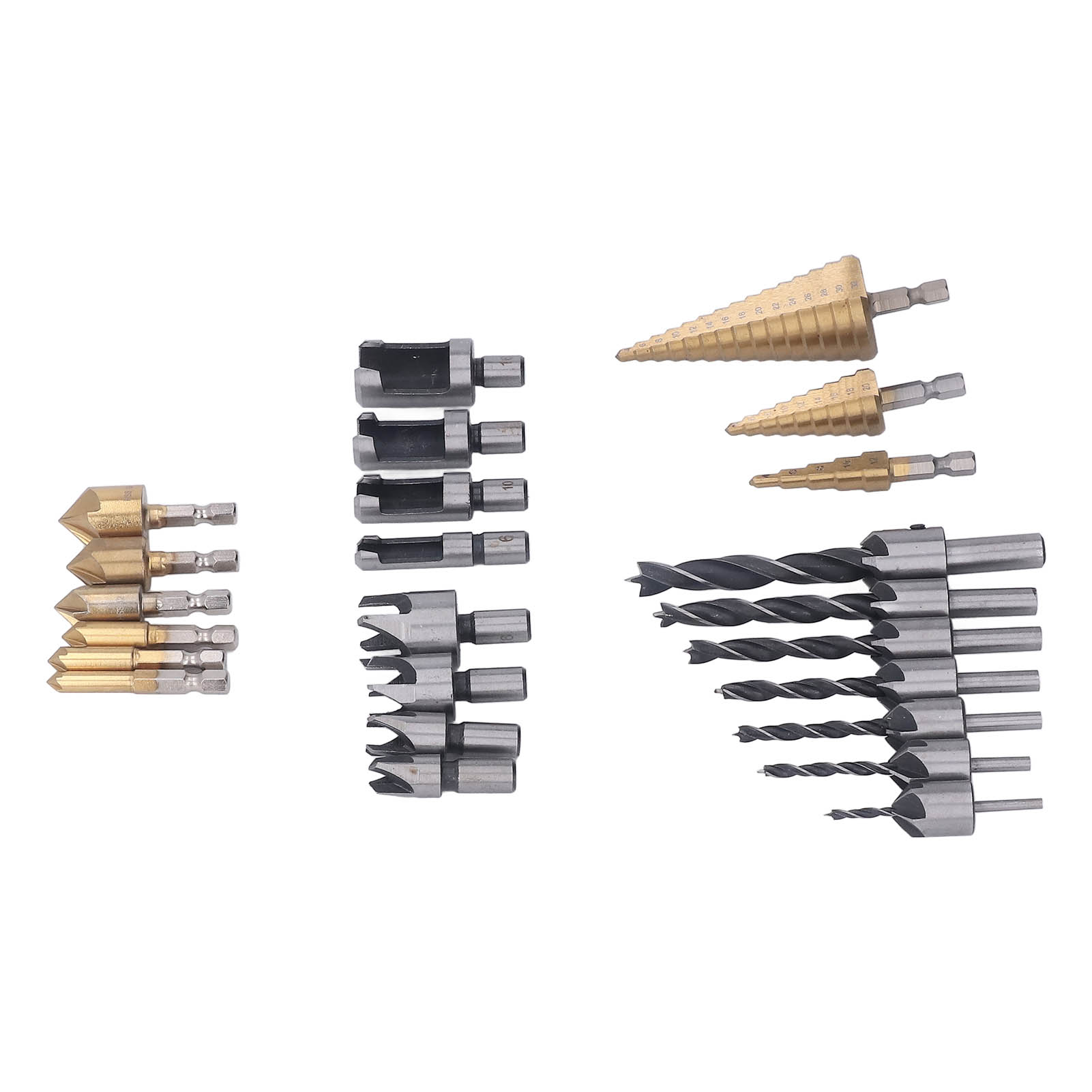 Set Mit 26 Holzbohrern Inklusive Senker, L-schlüssel, Dübelschneider, Stufenbohrer Und Automatischem Locher