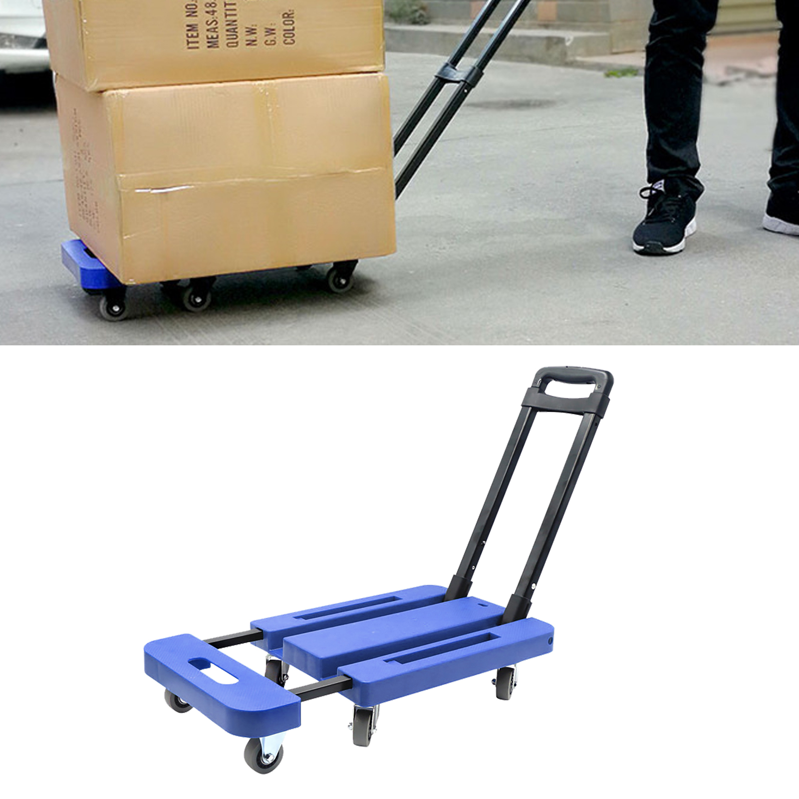 Faltbarer Trolley Mit Rädern, 10 Cm Ausziehbarer Boden, 6 Geräuscharme Gummiräder, Hohe Tragkraft, Rutschfest, Faltbarer Gepäckwagen, Blau