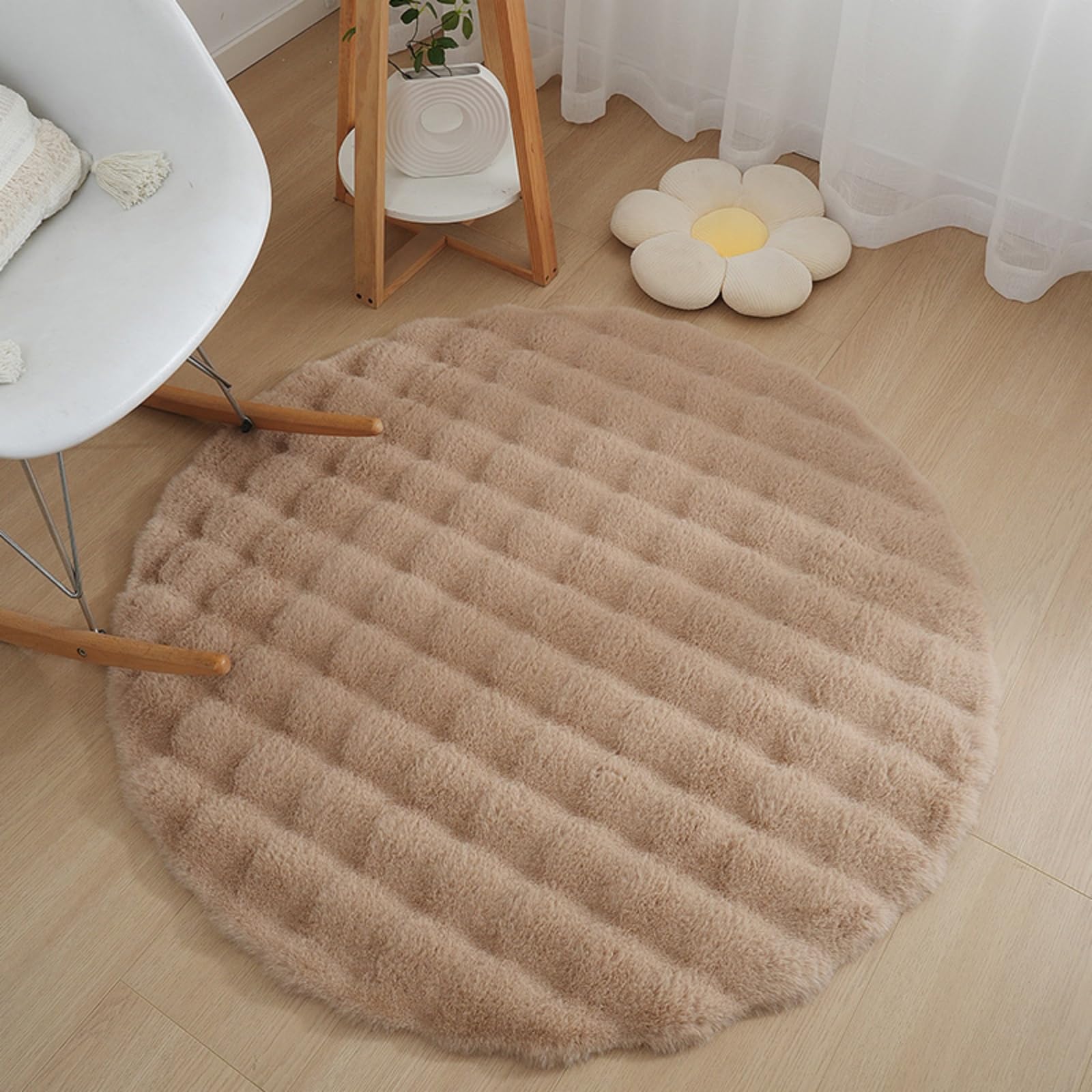 Runder Kunstfellteppich, Ultraweicher Hochflorteppich Mit Langem Flor, Waschbarer Bodenbelag Für Wohnzimmer, Mädchenzimmer, Bettvorleger, Ø 100 Cm, Braun