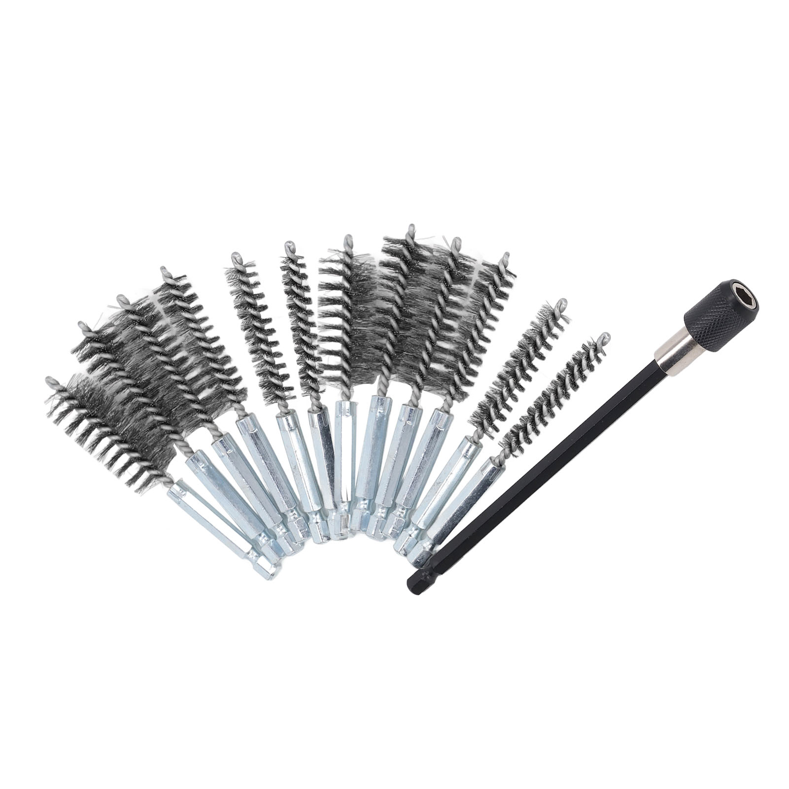 Set Mit 13 Laufreinigungsbürsten, Ø 8–19 Mm, 1/4-zoll-schaft, 15 Cm Verlängerungsstange, Silberner Stahldraht, Bohrwerkzeug