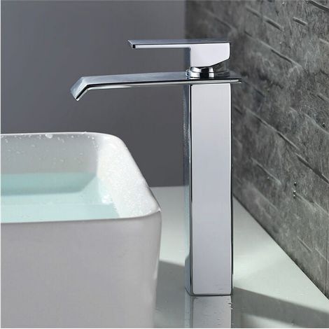 Moderne Waschtischarmatur Aus Chrom, 255 Mm Hoher Auslauf, Flexible Schläuche G3/8, Wassersparende Wasserfallarmatur (-30 %), Schnelle Und Einfache Montage