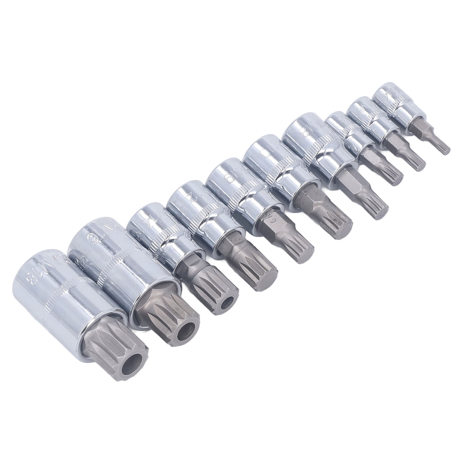 Satz Mit 10 Dreifach Geriffelten Vierkant-steckschlüsseln M4 Bis M18, 1/4"-, 3/8"- Und 1/2"-antrieb, Cr-v-stahl, Mit Aufbewahrungskoffer