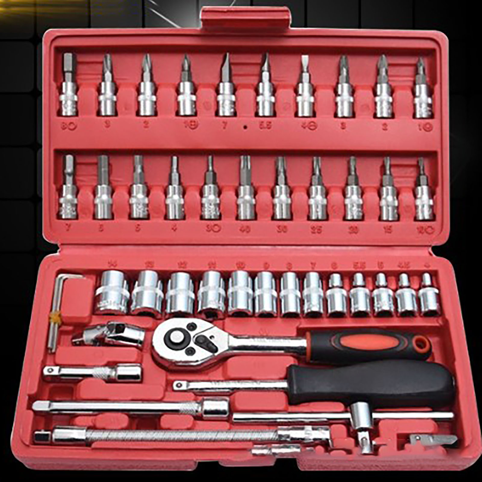 Satz Mit 46 1/4-zoll-ratschensteckschlüsseln, Chrom-vanadium-stahl, Rostfrei, Professionelles Mechaniker-werkzeugset.