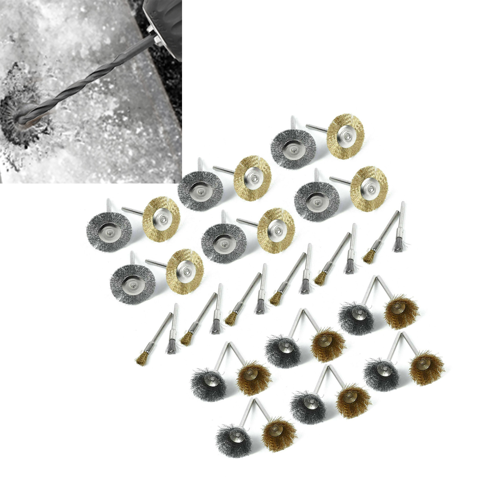 Set Mit 36 Edelstahl-drahtbürsten Für Bohrmaschinen, Zubehör Für Rotationswerkzeuge, Polier- Und Reinigungsset.