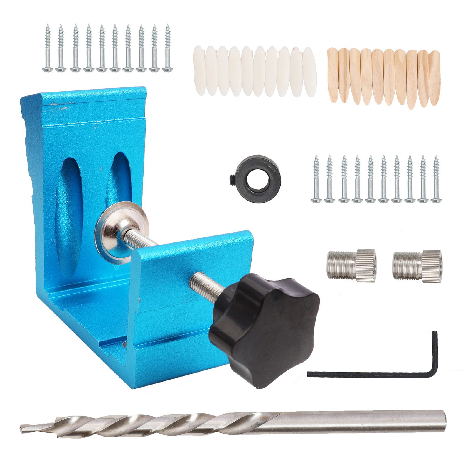 Set Aus 46 Robusten Und Präzisen Blauen Aluminium-winkelbohrlehren Für Holzbearbeitung Und Heimwerkerprojekte.