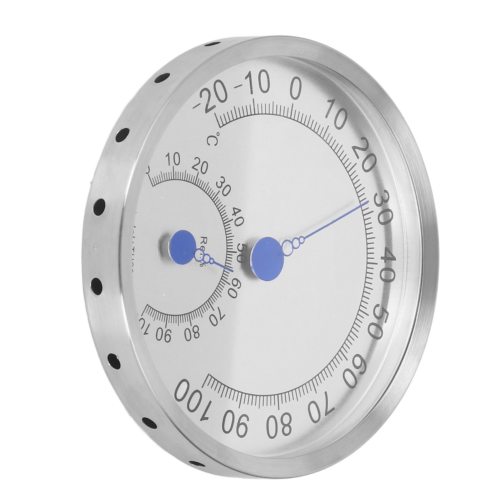 Rundes, Wasserdichtes Und Hitzebeständiges Thermometer/hygrometer Aus Edelstahl Für Den Außeneinsatz Ohne Ständer, Das Eine Genaue Temperatur- Und Feuchtigkeitsmessung Ermöglicht.