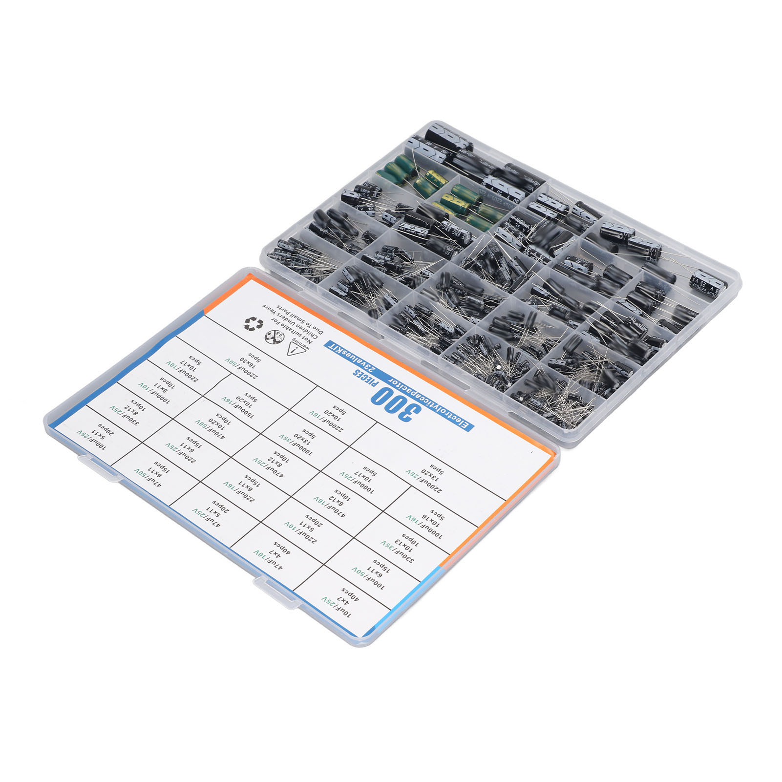 300-teiliges Set Mit 23 Verschiedenen Werten Von Radialen Aluminium-elektrolytkondensatoren, 10–2200 Μf, 10 V, 16 V, 25 V, 35 V, 50 V, Sortiert In Einer Box