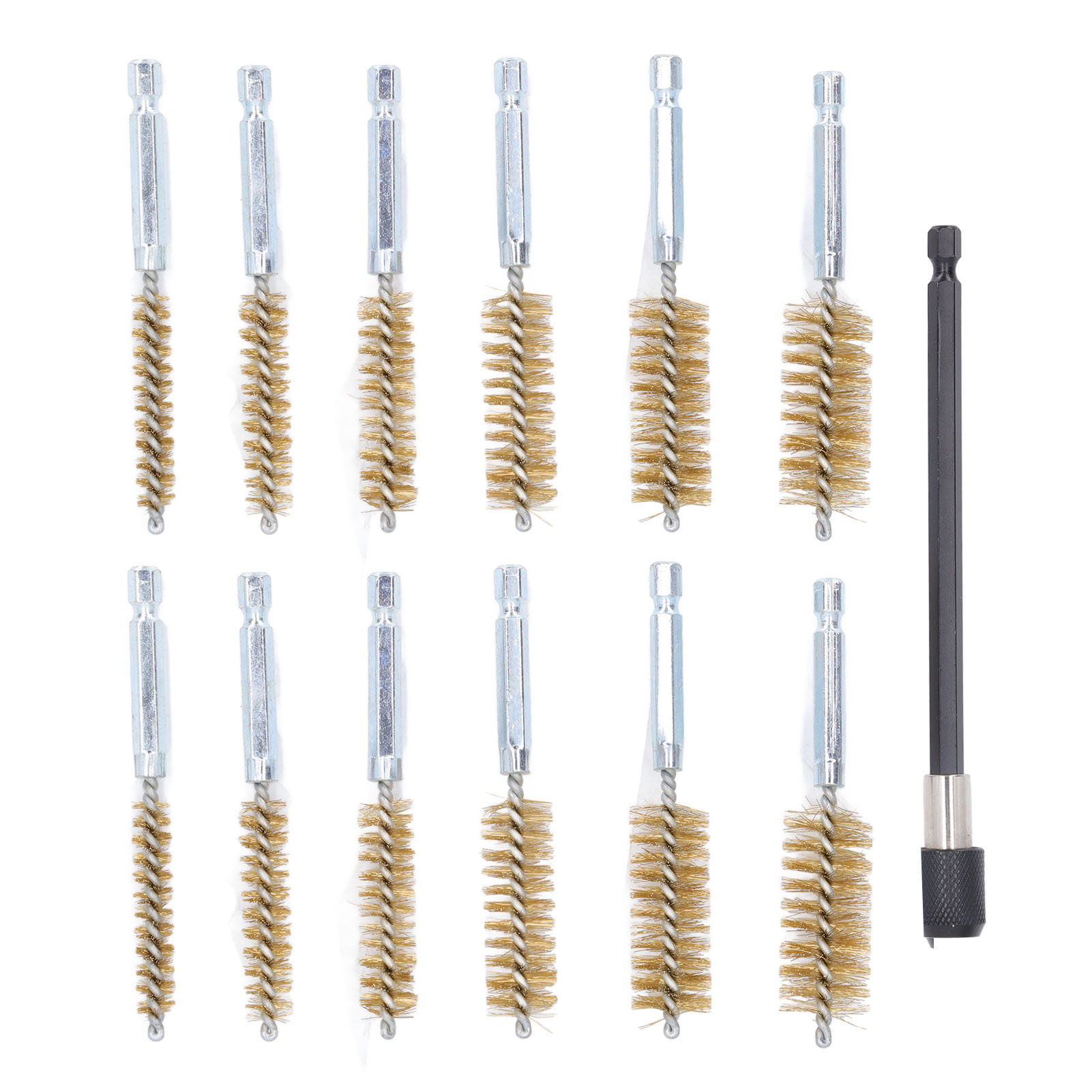 Set Mit 13 Reinigungsbürsten Für Bohrungen Von 8–19 Mm, 1/4-zoll-schaft, 15 Cm Verlängerungsstange, Messingdraht, Gelb