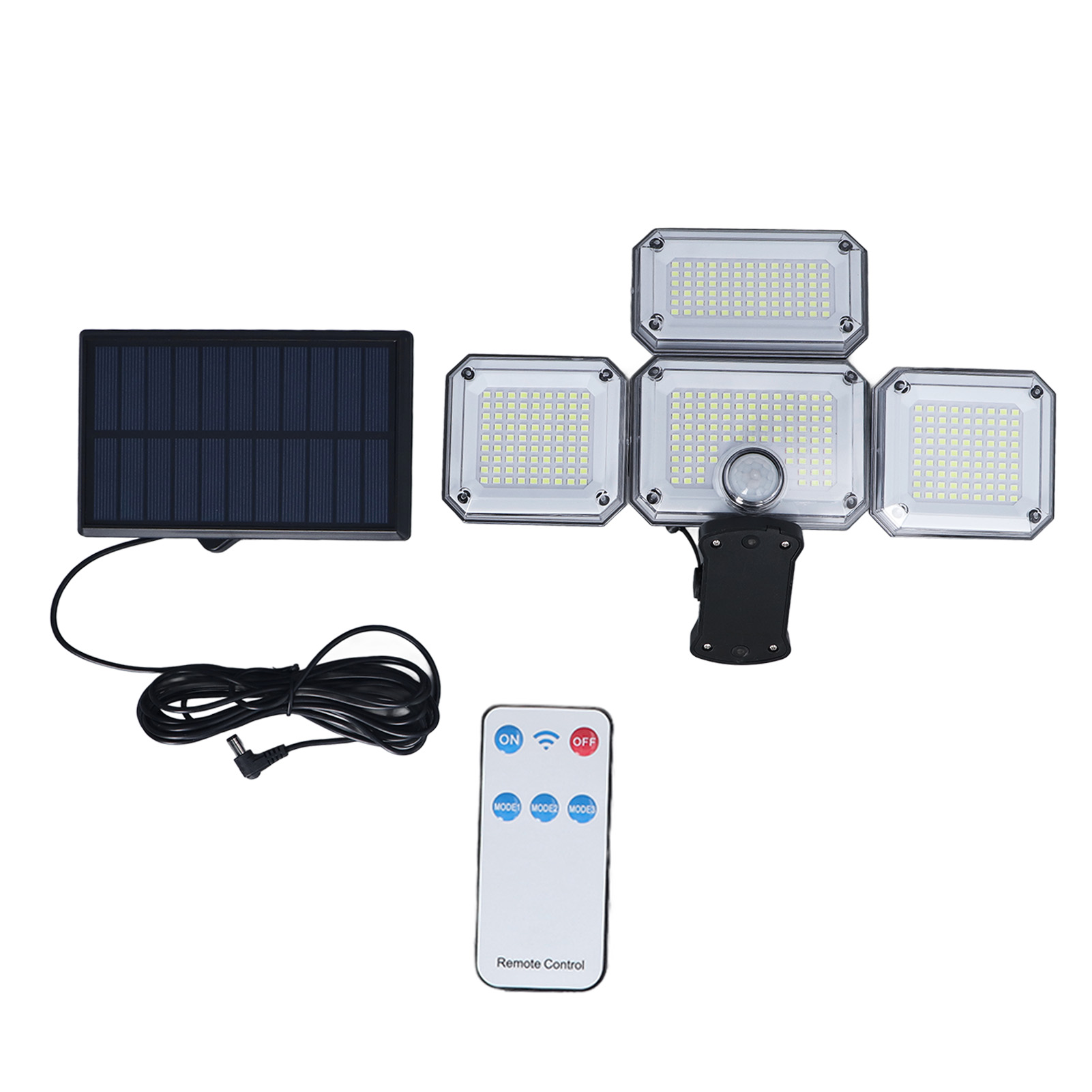 Solarbetriebene Stehleuchte Mit Bewegungsmelder, 4 Leuchtenköpfe, 7700 K, 8 W, Ip65, Einstellbare Lichtmodi, Inklusive Fernbedienung, Wasserdichter Led-strahler Für Garten Und Außenbereich