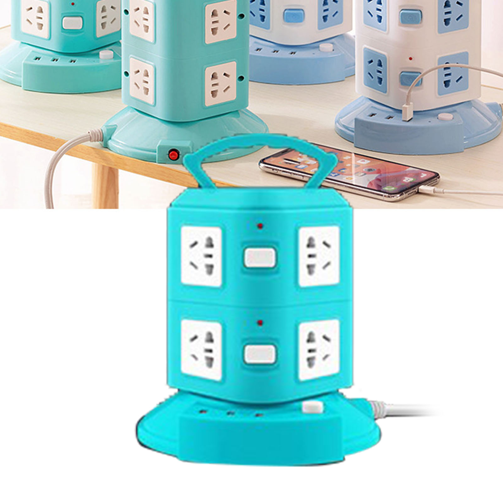 Zweistufige Turmsteckdosenleiste, Mehrere Steckdosen Mit Überlastschutz, Usb-anschluss, 220 V, 10 A, Pfauengrün, Tragbar Und Multifunktional