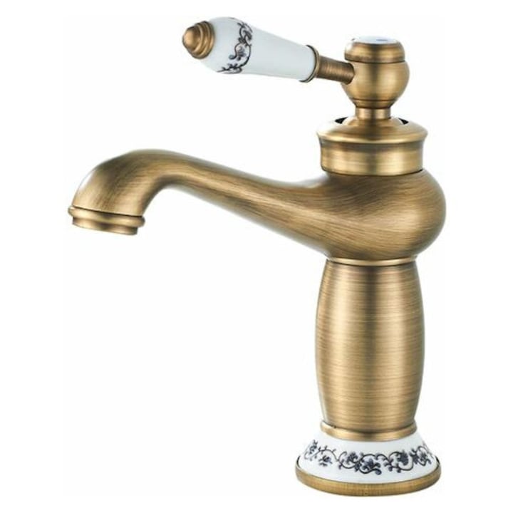 Robinet De Baie, Retro, Cu Design Din Alama, Maner Ceramic Cu, 17.5x12x6cm