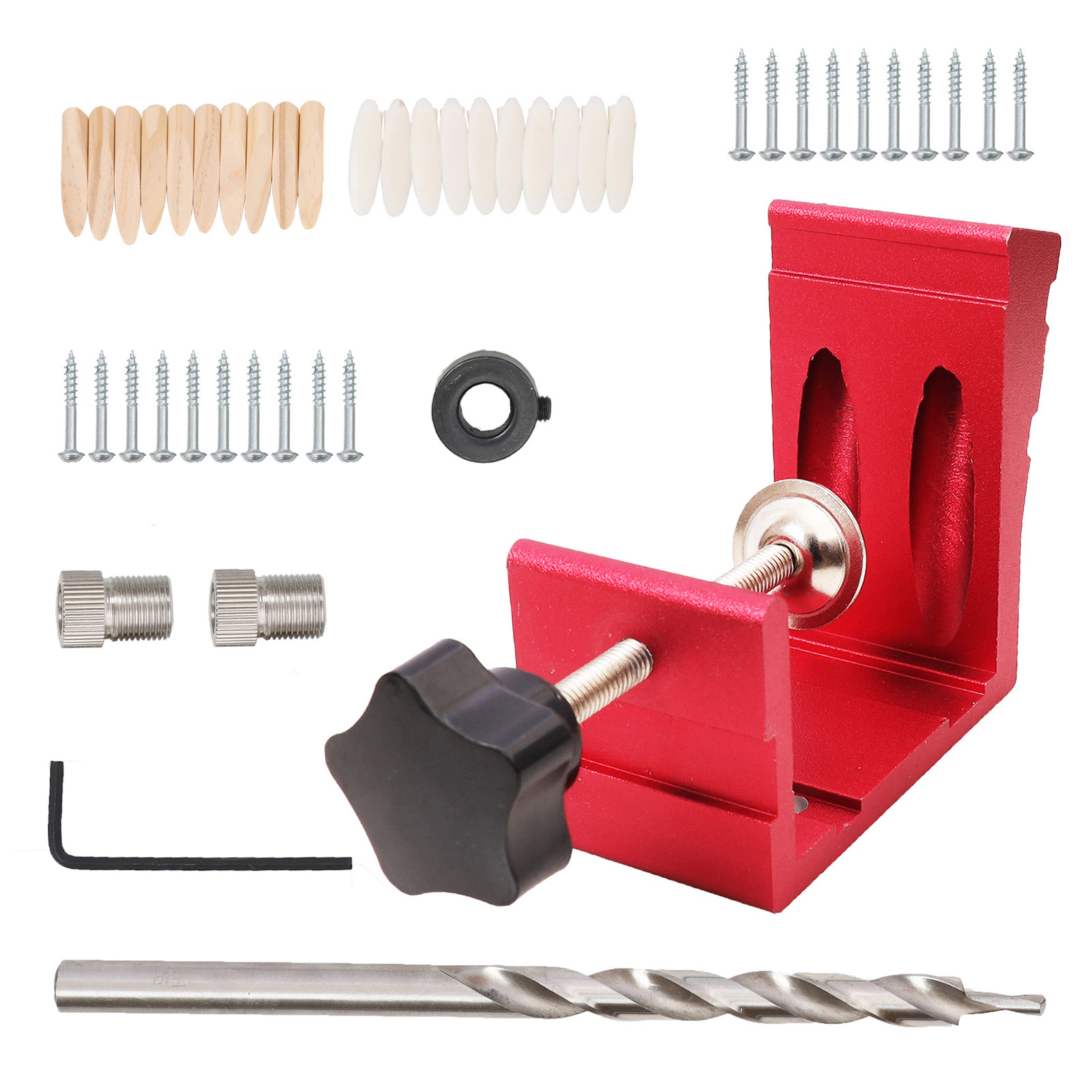 Set Aus 46 Robusten, Präzisen, Roten Aluminium-winkelbohrlehren Für Die Holzbearbeitung Mit Winkellochführung.