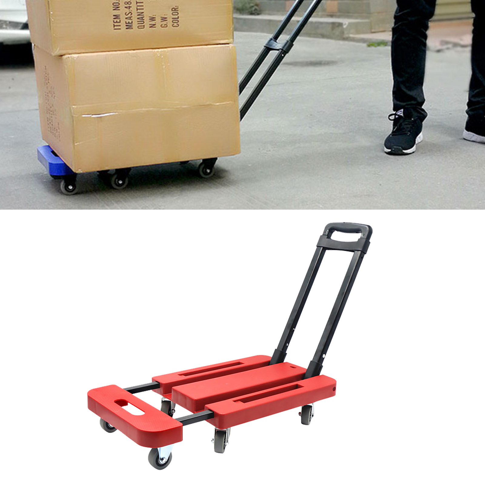 Faltbarer Trolley, 10 Cm Ausziehbarer Boden, 6 Geräuscharme Gummiräder, Hohe Tragkraft, Rutschfest, Faltbarer Gepäckwagen, Rot
