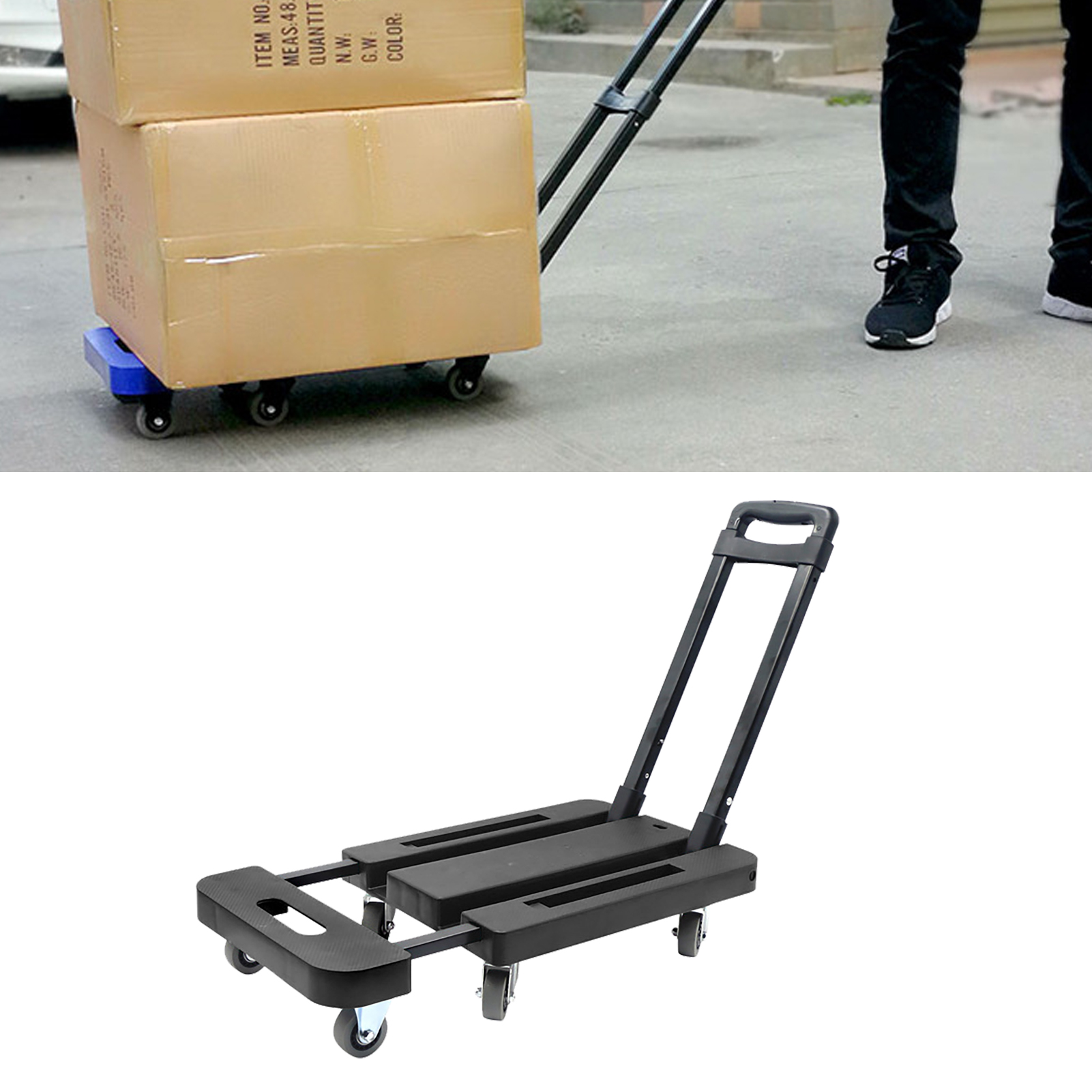 Faltbarer Trolley Mit Geräuscharmen Rollen, 6 Gummirädern, 10 Cm Ausziehbarer Bodenplatte, Robust Und Rutschfest, Faltbarer Gepäckwagen, Schwarz