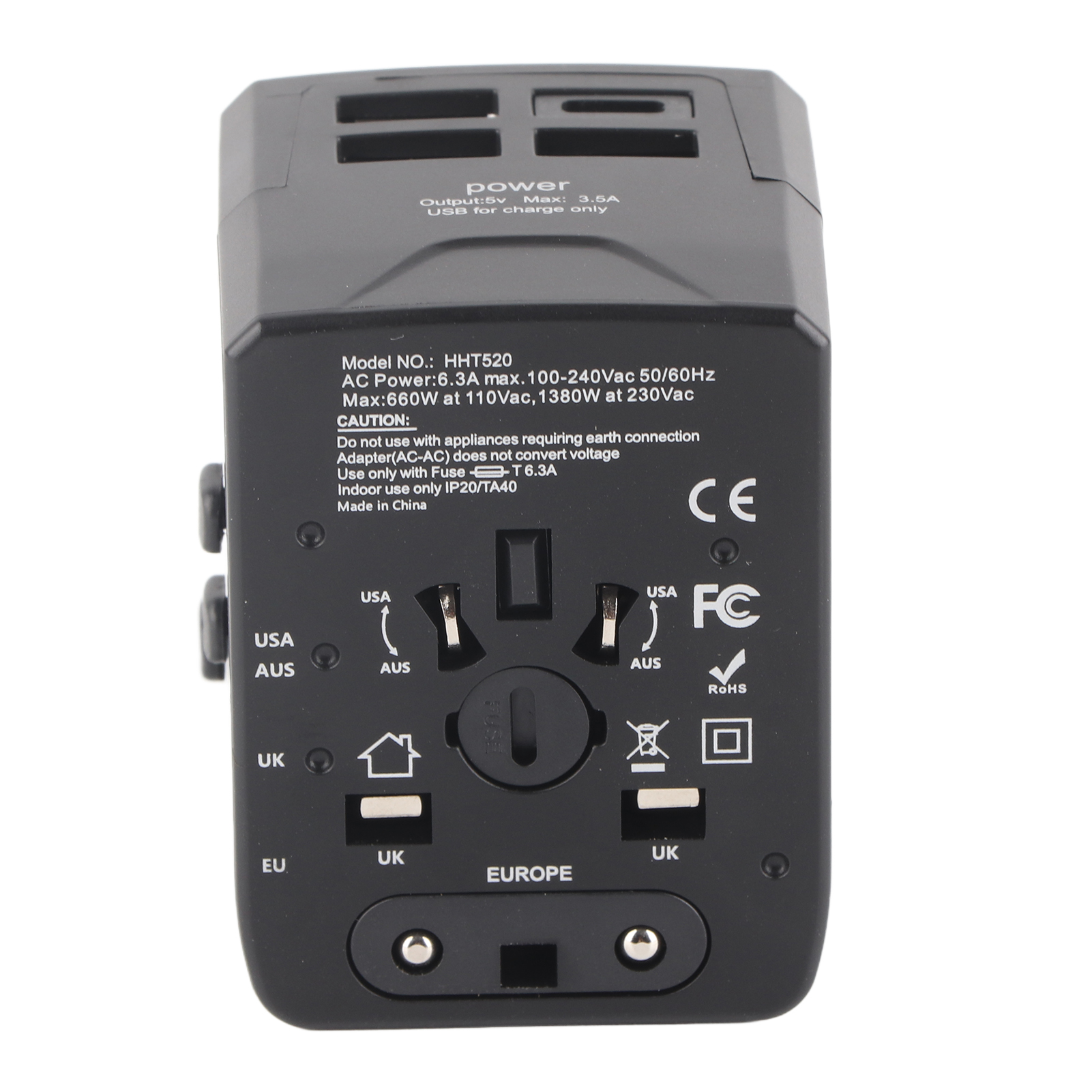Universal-reiseadapter, Internationaler Steckerkonverter 110–250 V, 3 Usb- Und Usb-c-anschlüsse, Ladegerät Mit Mehrfachsteckdose, Schwarz