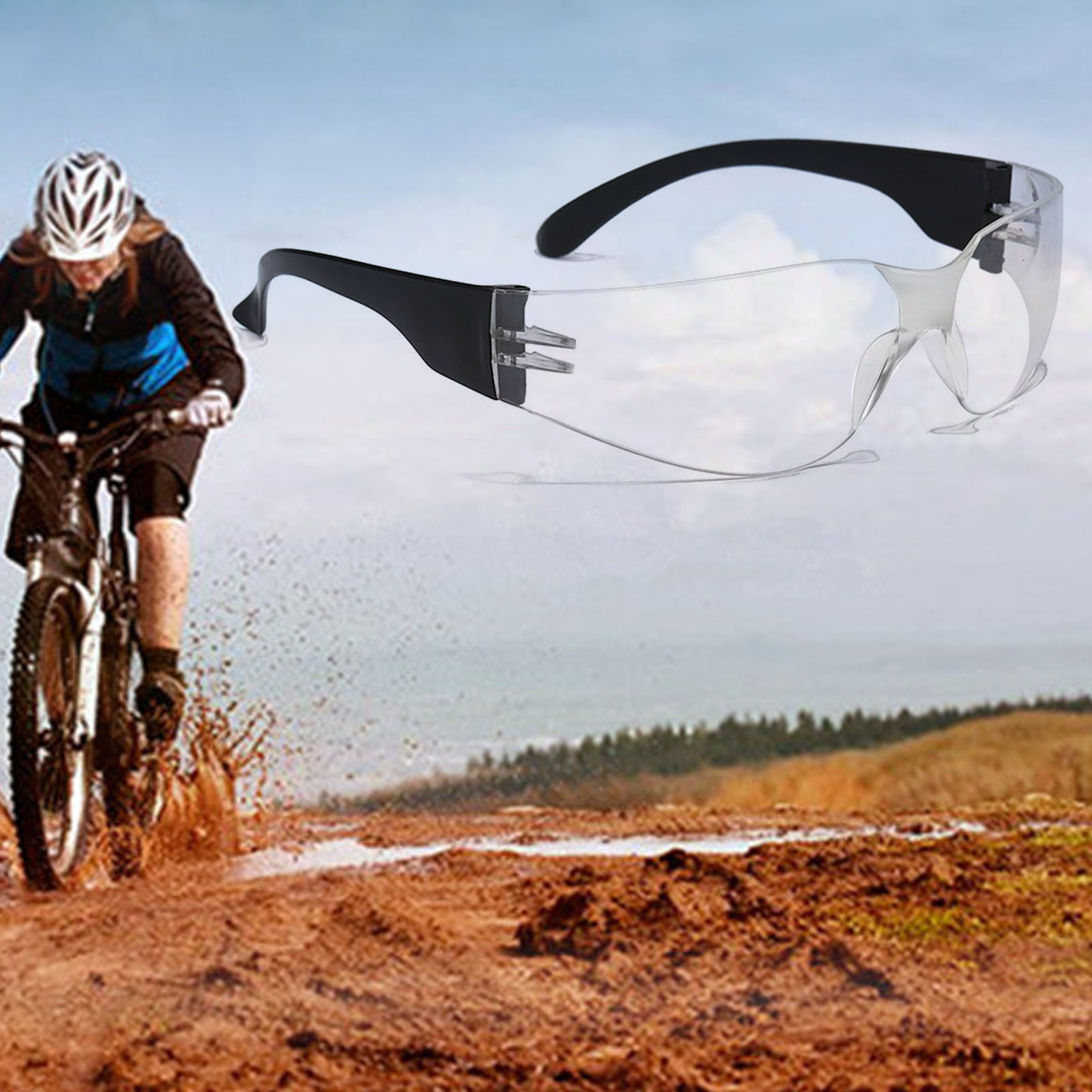 Stoßfeste, Transparente, Uv-schützende Kunststoff-schutzbrille Mit Schwarzen Bügeln, Für Radfahren Und Outdoor-sportarten.