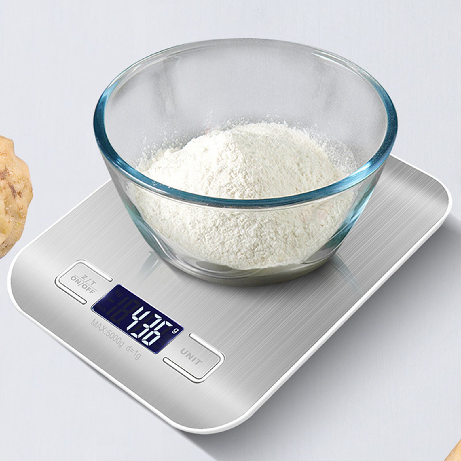 Elektronische Küchenwaage 10 Kg/1 G, Metallisch Weiß, Lcd-display, Wasserdichter Edelstahl, Lebensmittelwaage Zum Backen Und Kochen