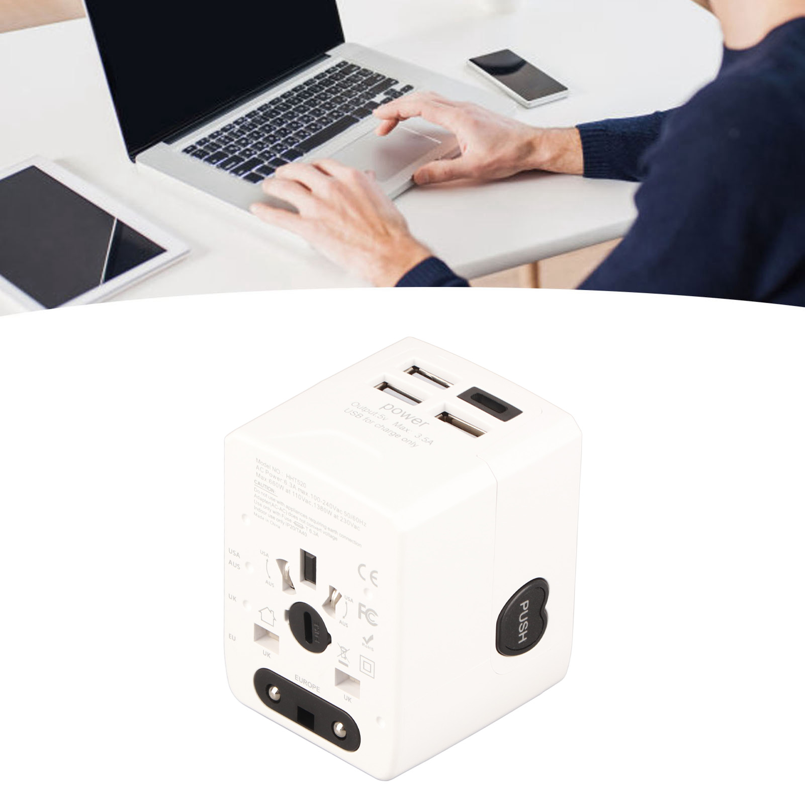 Universeller Reiseadapter Mit Internationalen Steckern, 250-v-konverter, 3 Usb- Und Usb-c-anschlüssen, Weiße Steckdosenleiste