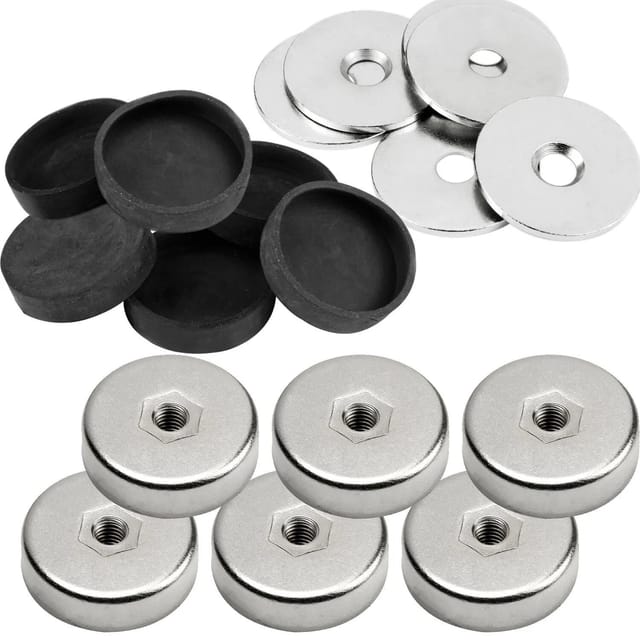 vasalat Topfmagnet mit Innengewinde, Magnet mit Metallscheiben und Gummi-Kappen, Rundmagnet ø 20mm, Neodym vernickelt 18-teilig