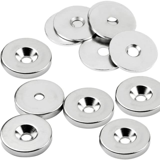 Magnet rund, Scheibenmagnet mit Metallscheibe mit Senkbohrung, Rundmagnet ø 23mm, Neodym vernickelt 12-teilig - Vasalat