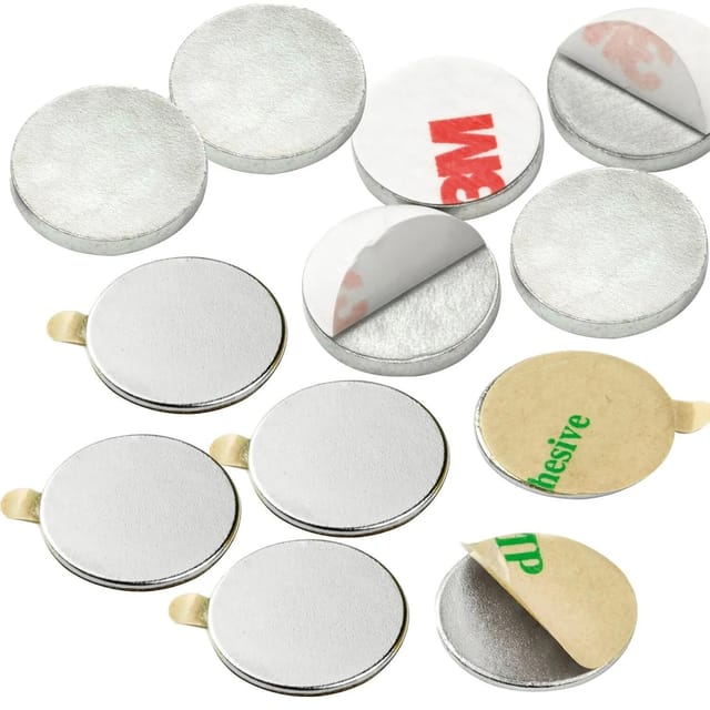 Vasalat - Scheibenmagnet flach, Magnete mit Metallscheiben selbstklebend, Rundmagnet ø 15mm, Neodym vernickelt 12-teilig